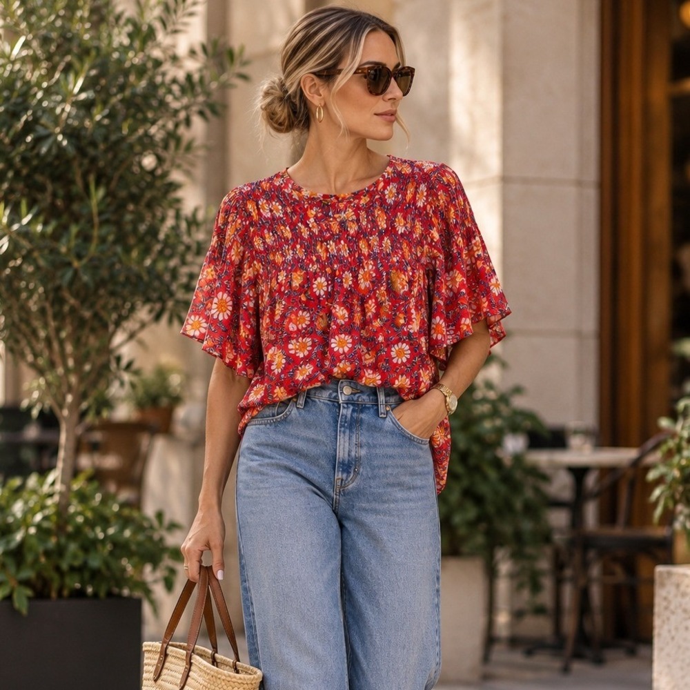 Free People Smocked Floral Blouse Red Linen Cotton Flutter Sleeve OB1626305 XL